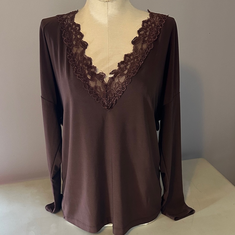 Daytrip Brownish burgundy Lace V-Neck Long Sleeve Top from the buckle sz S